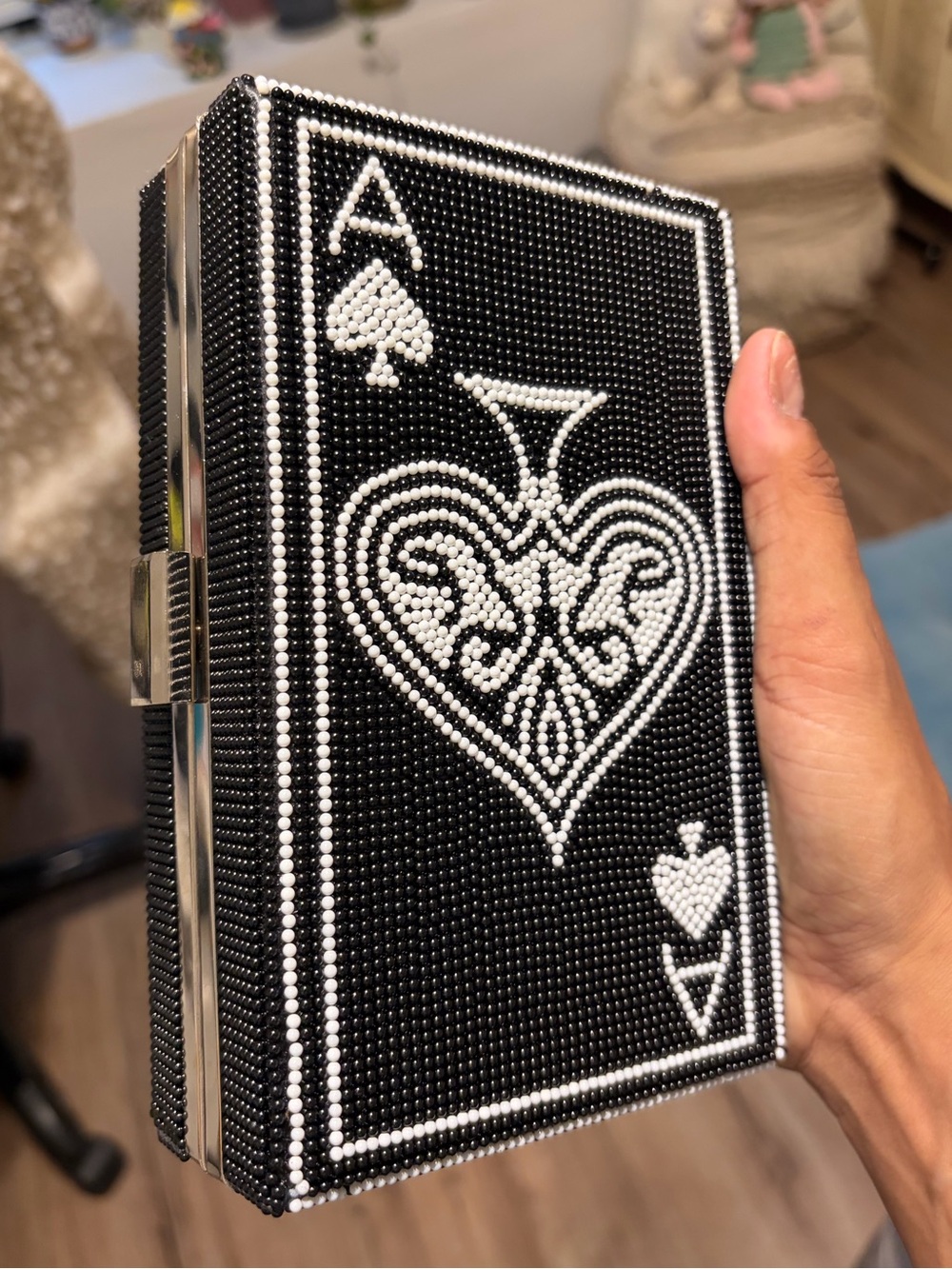 Beaded Ace of Spades Card Decorative Box Clutch w/ silver crossbody chain